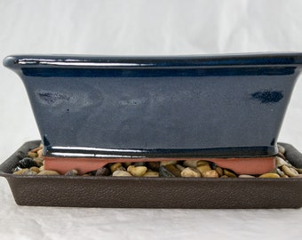 Free Shipping 8" Rectangular Dark Blue Bonsai Pot, Cactus & Succulent Planter + Tray + Rock + Mesh Combo