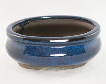 Yubonzai Oval Mame Shohin Bonsai Pot, Cactus & Succulent Planter + Mesh 5"/6" - Blue Glazed Stain