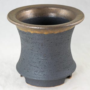 May include: A black ceramic pot with a gold rim. The pot has a textured surface and a flared base.