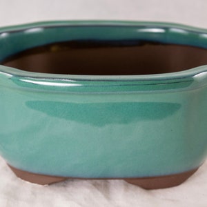 May include: A green glazed ceramic bonsai pot with a rounded oval shape and a slightly flared rim. The pot has a brown unglazed base with three small feet.