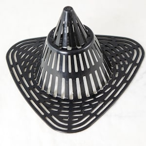 May include: Black plastic drain cover with a cone-shaped center and a wide, flat, circular base with a grid pattern.