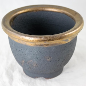 May include: A small, dark gray ceramic pot with a gold rim. The pot has a rough, textured surface.