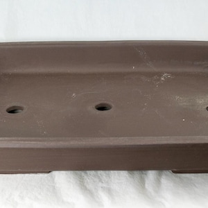 May include: A rectangular brown ceramic bonsai pot with three drainage holes.