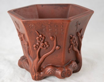 Free Shipping Vintage Hexagon Zisha Shohin Bonsai Pot, Cactus & Succulent Planter, Assent Plant Vase + Mesh 4.25"x 4.25"x 3.75"