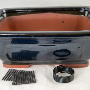 Yubonzai 8&quot; Rectangular Navy Blue Bonsai Pot, Cactus & Succulent Planter + Tray + Rock + Mesh and Wire - Pot/Combo