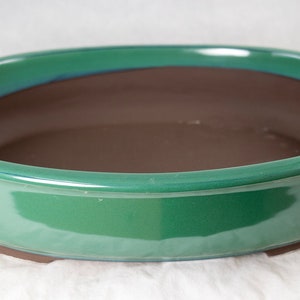 Free Shipping Japanese Yokkaichi Green Oval Glazed Bonsai Pot, Cactus & Succulent Planter + Mesh 14.75" - 16.25"