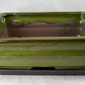 May include: A green glazed ceramic rectangular bonsai pot with a black plastic tray. The pot has a brown rim and a glossy finish.