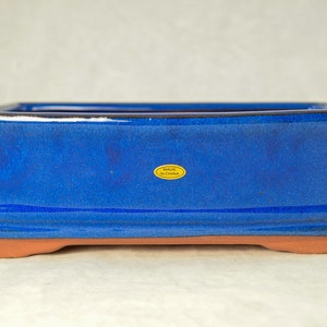 May include: A blue ceramic bonsai pot with a rectangular shape and a slightly raised rim. The pot has a label that reads "Made in China".