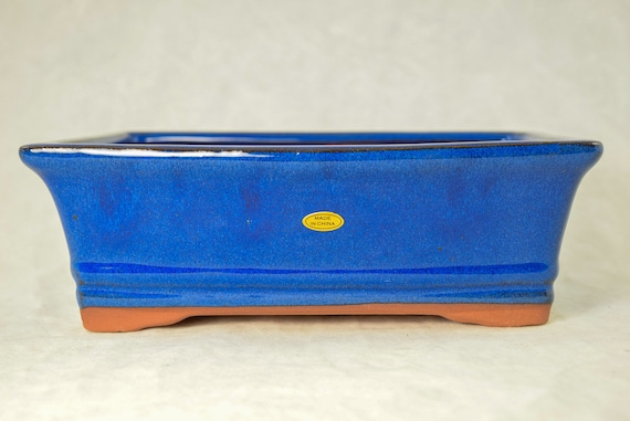 Yubonzai Rectangular Dark Blue Stain Glazed Bonsai Pot, Cactus & Succulent Planter  8.5"x 6.5"x 2.75" - Pot / Combo