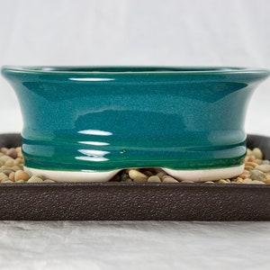 May include: A teal ceramic bonsai pot with a white rim sits on a black plastic tray with small stones.