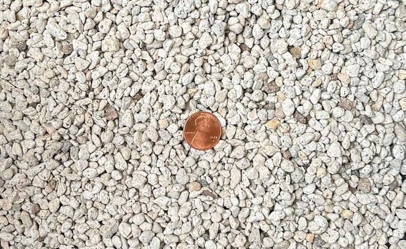 May include: A close-up image of white pea gravel, a popular choice for landscaping and decorative purposes. The gravel is small and uniform in size, with a slightly rough texture. A penny is placed in the center of the image for scale.