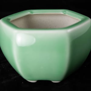 May include: A hexagonal green ceramic planter with a smooth, glossy finish. The planter has a wide, shallow opening and a rounded bottom.