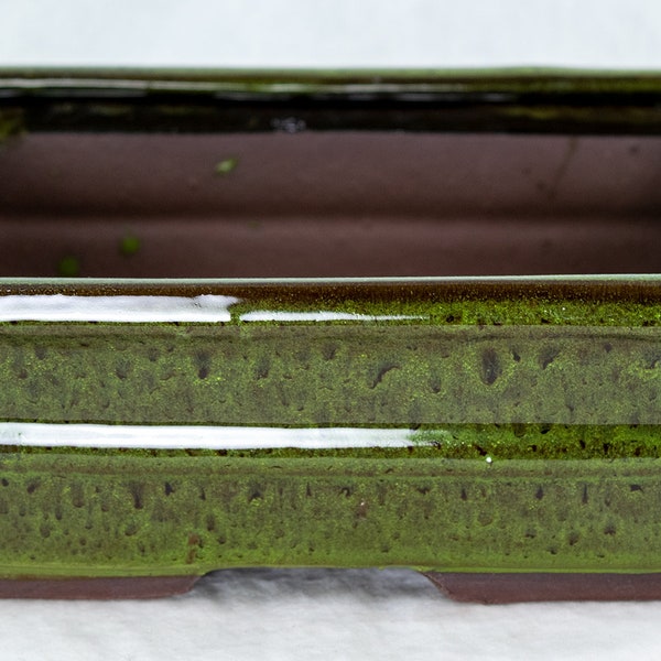 Free Shipping Rectangular Glazed Bonsai Pot, Cactus & Succulent Planter with Mesh - 10"x 8"x 3.25" Dark Blue/Moss Green