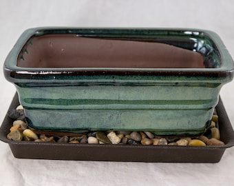 Free Shipping 8" Rectangular Green Bonsai Pot, Cactus & Succulent Planter + Tray + Rock + Mesh Combo