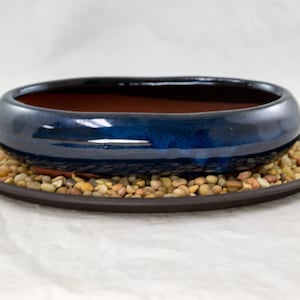Yubonzai 7.25&quot; Flat Narrow Oval Bonsai Pot, Cactus &  Succulent Planter + Tray + Rock + Mesh Combo