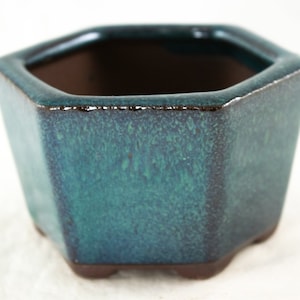 May include: A hexagonal ceramic bonsai pot with a teal glaze and a brown rim. The pot has six sides and a flat base.