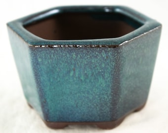 Free Shipping Hexagon Mini Mame Bonsai Pot, Cactus and Succulent Planter & Accent Plants Vase + Mesh 3"x 3"x 2" - Blue/Green