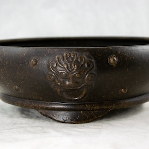 May include: A dark brown ceramic bonsai pot with a raised, textured design of a mythical creature's face. The pot has a rounded shape and a wide rim.