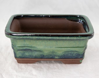 Yubonzai Rectangular Glazed Shohin Bonsai Pot, Cactus & Succulent Planter 6&quot;x 4.5&quot;x 2.5&quot; with Mesh - Blue/Green Stain