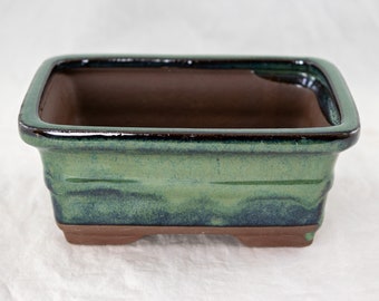 Free Shipping Rectangular Glazed Shohin Bonsai Pot, Cactus & Succulent Planter 6"x 4.5"x 2.5" with Mesh - Blue/Green Stain