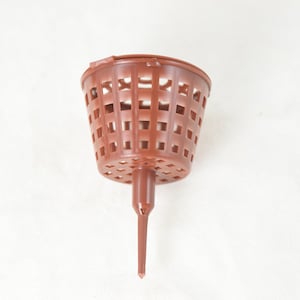 May include: A brown plastic net pot with a pointed base. The pot is designed for hydroponic gardening.