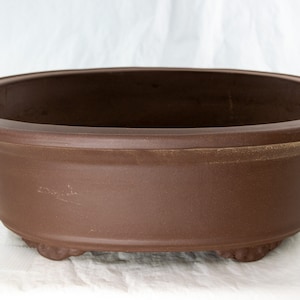 May include: A brown oval ceramic bonsai pot with three feet. The pot has a slightly flared rim and a smooth, matte finish.