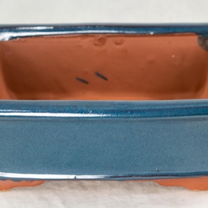 May include: A square, blue glazed bonsai pot with a terracotta interior. The pot has a slightly flared rim and a flat base.