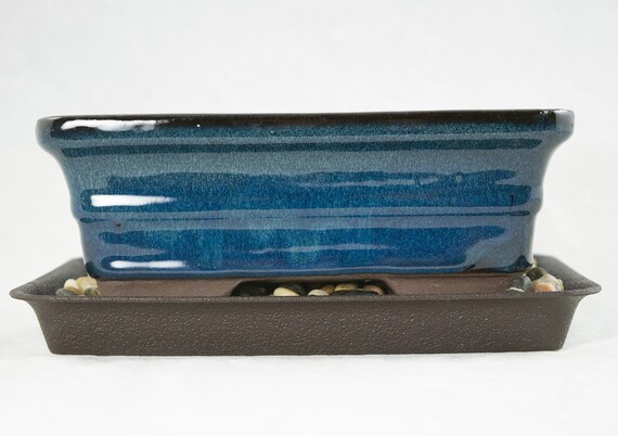 Takashima Rectangular Glazed Bonsai Pot – Moss Green, 8x5.75x2.5 Inches, Includes Mesh