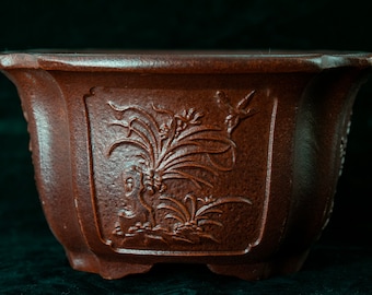 Yubonzai Vintage Square Yixing Zisha Bonsai Pot, Cactus & Succulent, Orchid Planter + Mesh - 6.25"x 6.25"x 3.5"