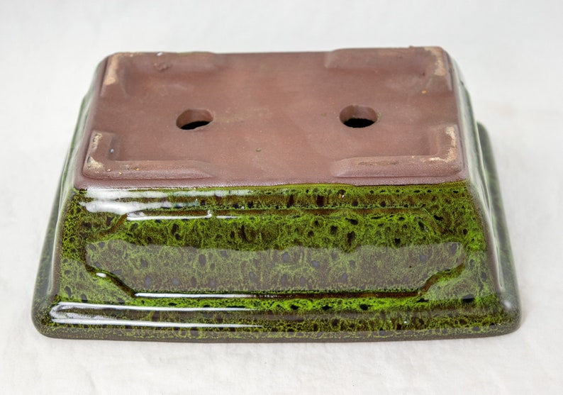 May include: A square ceramic bonsai pot with a green glaze and brown accents. The pot has two drainage holes on the bottom.