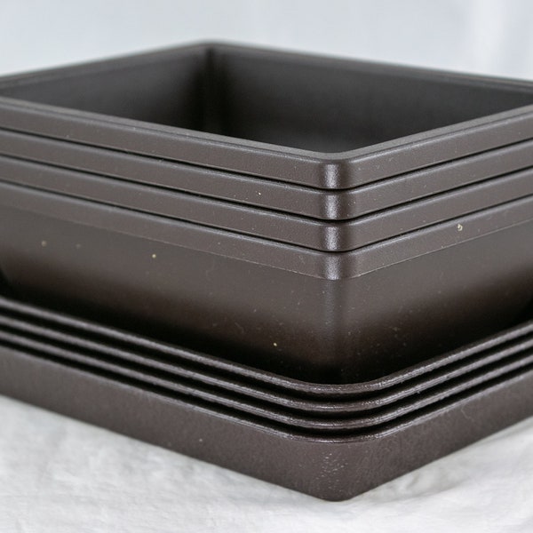 Free Shipping 4 Sets Rectangular Plastic Bonsai Training Pot, Cactus & Succulent Planter + Tray 6.25"x 4.75"x 2" - Dark Brown