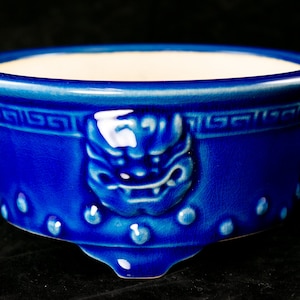 May include: A blue ceramic planter with a decorative design of a stylized dragon head. The planter has a white interior and a raised rim with a geometric pattern.