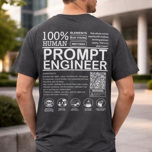 Könnte beinhalten: Dunkelgraues T-Shirt mit weißem Text: "100% Human Prompt Engineer". Das Shirt listet Zutaten und Nebenwirkungen auf, darunter späte Nächte, vage Anforderungen und Auseinandersetzungen mit Chatbots. Ein QR-Code und ein Warnsymbol sind ebenfalls sichtbar.