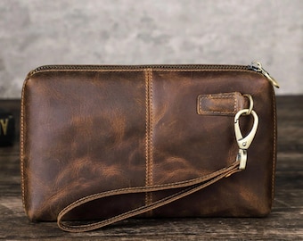 Personalized Leather Wallet Men Clutch Wrist Bag Men Wristlet Purse Handbag Wallet Satchel Wrist Pouch Coin Purse Birthday Gifts for Him Her