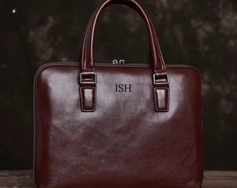 Leather Briefcase: 15.6" Laptop Bag, Handmade Office Handbag