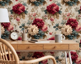 Vintage Peony Floral Wallpaper Mural, Textured Burgundy Rose Wall Covering Peel and Stick Canvas or Fabric Traditional
