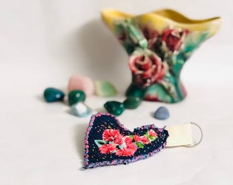 Flower Slow Stitched Keyring, Handbag Charm - Blossoms