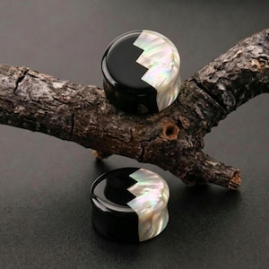Black Obsidian Mother of Pearl Plugs, Zig Zag Lightning Shell Gauges, Split Double Flare Stone Earrings Pair