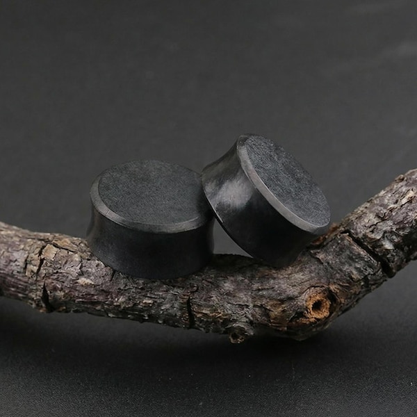 Genuine Shungite Plugs, Natural Stone Gauges, Black Shungite Ear Plugs, Double Flat Organic Body Jewelry