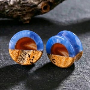 Natural Picture Jasper Blue Onyx Beach Sunset Gauges, Single Side Carnelian Ocean Plugs, Seaside Scenic Stone Expanders