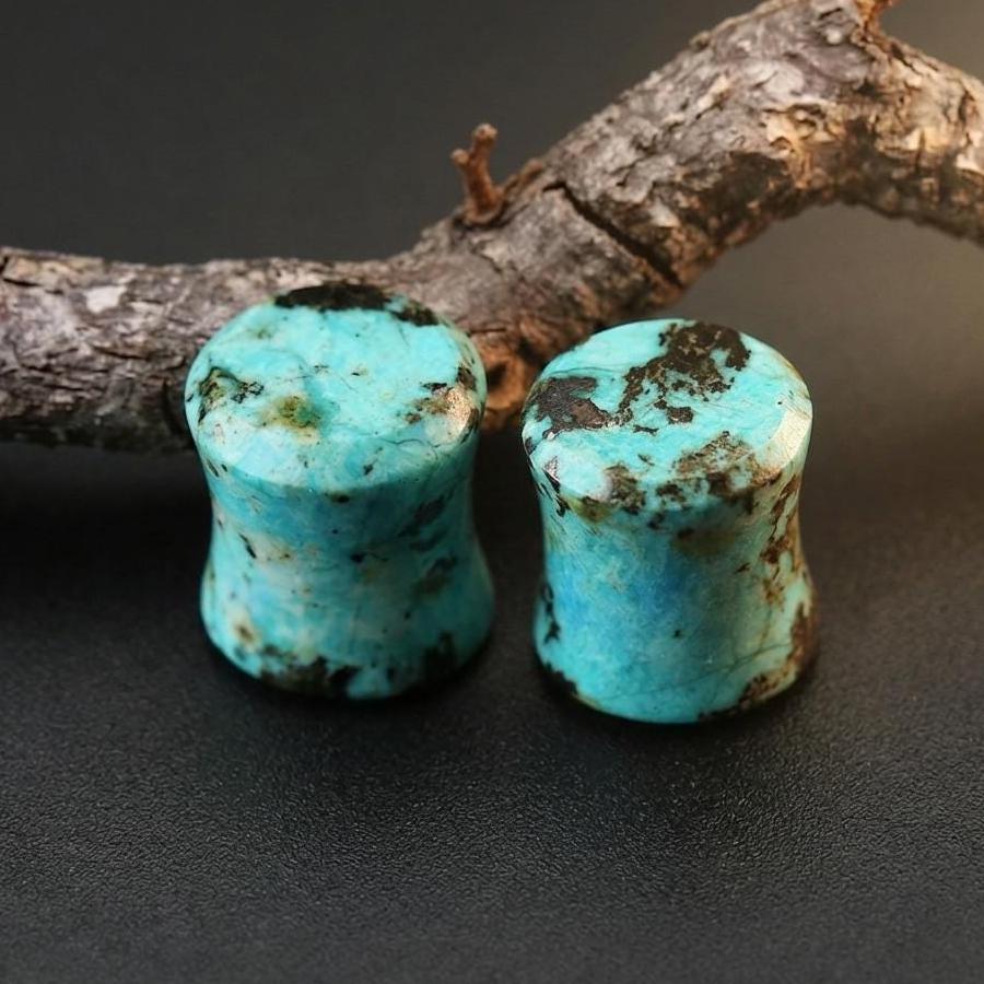 Natural African Turquoise Plugs, Stone Gauges, Double Flat Jasper Ear Stretchers, Natural Organic Jewelry
