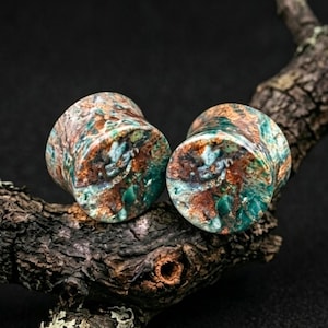Puede incluir: Un par de expansores de oreja circulares con una superficie de piedra pulida con un patrón jaspeado de tonos verde bosque profundo, marrón tierra y blanco crema. Los expansores cilíndricos tienen un acabado liso y brillante.