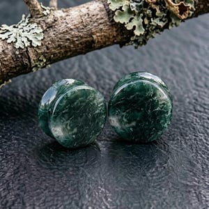 Mossagatmätare Naturstenspluggar, Dubbelt Platta Öronsträckningskit Mätare, Grön Mossig Kristall Goblincore Par