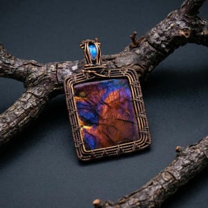 Rare Purple Labradorite Wire Wrapped Pendant, Flashy Rectangle Gemstone, Ornate Copper Amulet Jewelry