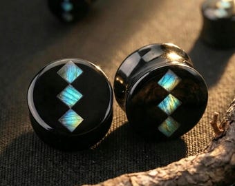 Geometric Diamond Pattern Labradorite Plugs, Solid Obsidian Stone Gauges, Minimalist Stone Ear Plugs, Body Piercing Jewelry