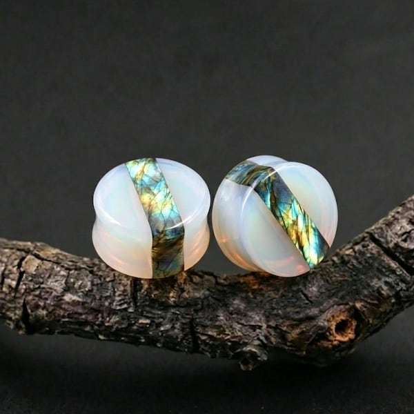 Labradorite Center Stripe Opalite Plugs, Inlay Band Gauges, Double Flare Stone Earrings, Celestial Body Jewelry Pair
