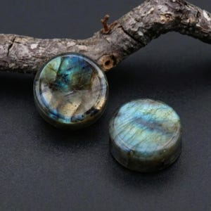 May include: Two round labradorite stones with iridescent blue, green, and gold hues. The polished stones have a smooth surface and are set against a dark background. A small, textured branch is visible in the background.