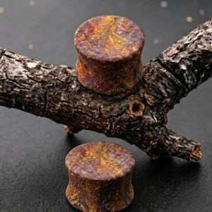 Op de afbeelding: Een paar ronde oorplugs met een textuurrijk, gevlekt oppervlak in een mix van dieppaarse, gebrand oranje en metallic goudtinten. De plugs hebben een concave, uitlopende vorm met een gladde, gepolijste afwerking op de bovenzijde.