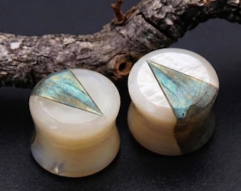 Natural Labradorite White MOP Inlay Gauges, Blue Flash Shell Plugs, Double Flare Stone Plugs, Custom Sizes Available