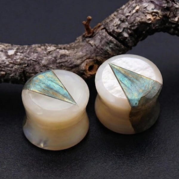 Natural Labradorite White MOP Inlay Gauges, Blue Flash Shell Plugs, Double Flare Stone Plugs, Custom Sizes Available